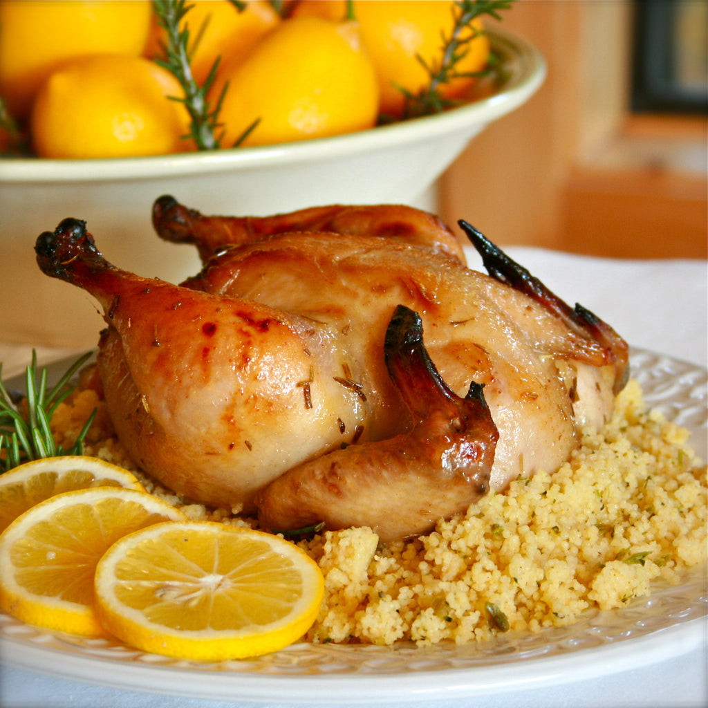 CORNISH GAME HENS WITH COUSCOUS (Lemon Rosemary Marinade)