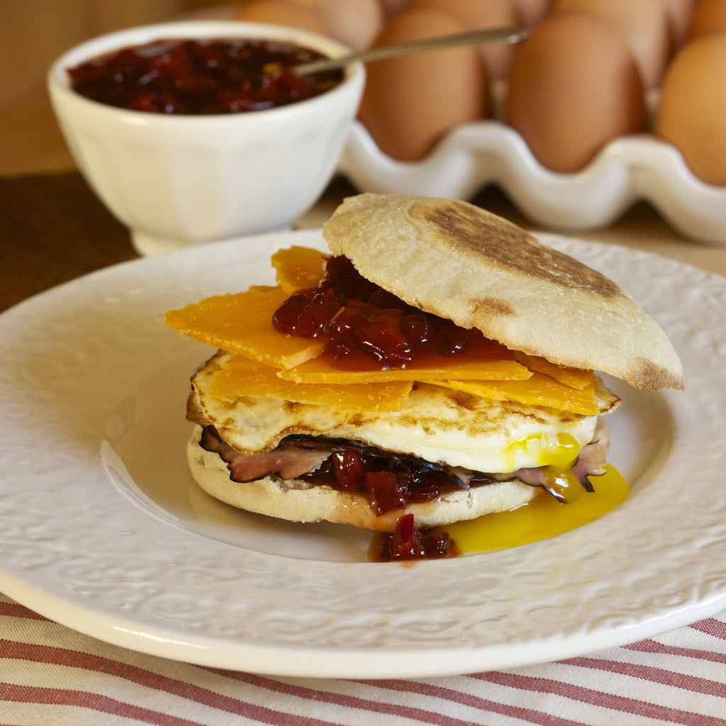 EGG, HAM & CHEESE SANDWICH with Red Bell Pepper Ancho Chili Jam