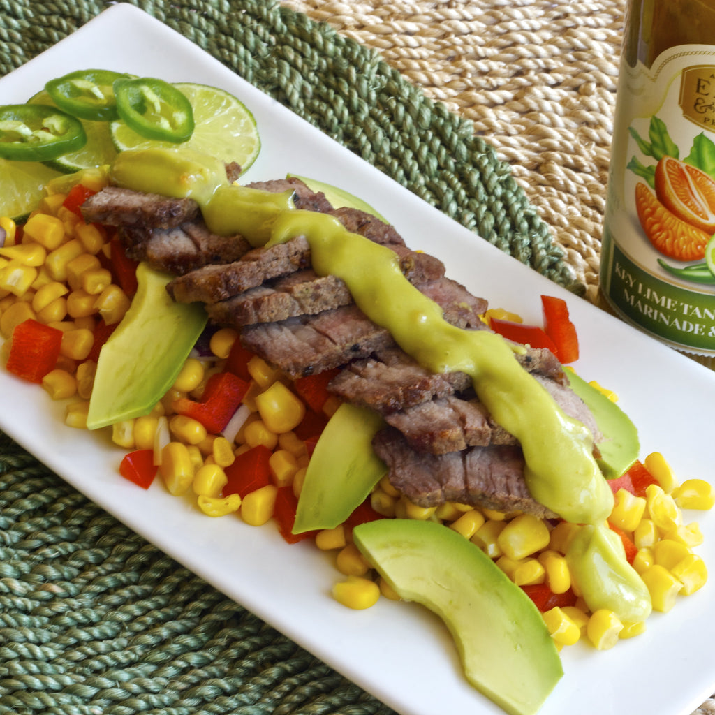 TRI TIP & CORN WITH SPICY AVOCADO DRESSING (Key Lime Tangerine Chili Marinade & Dressing)