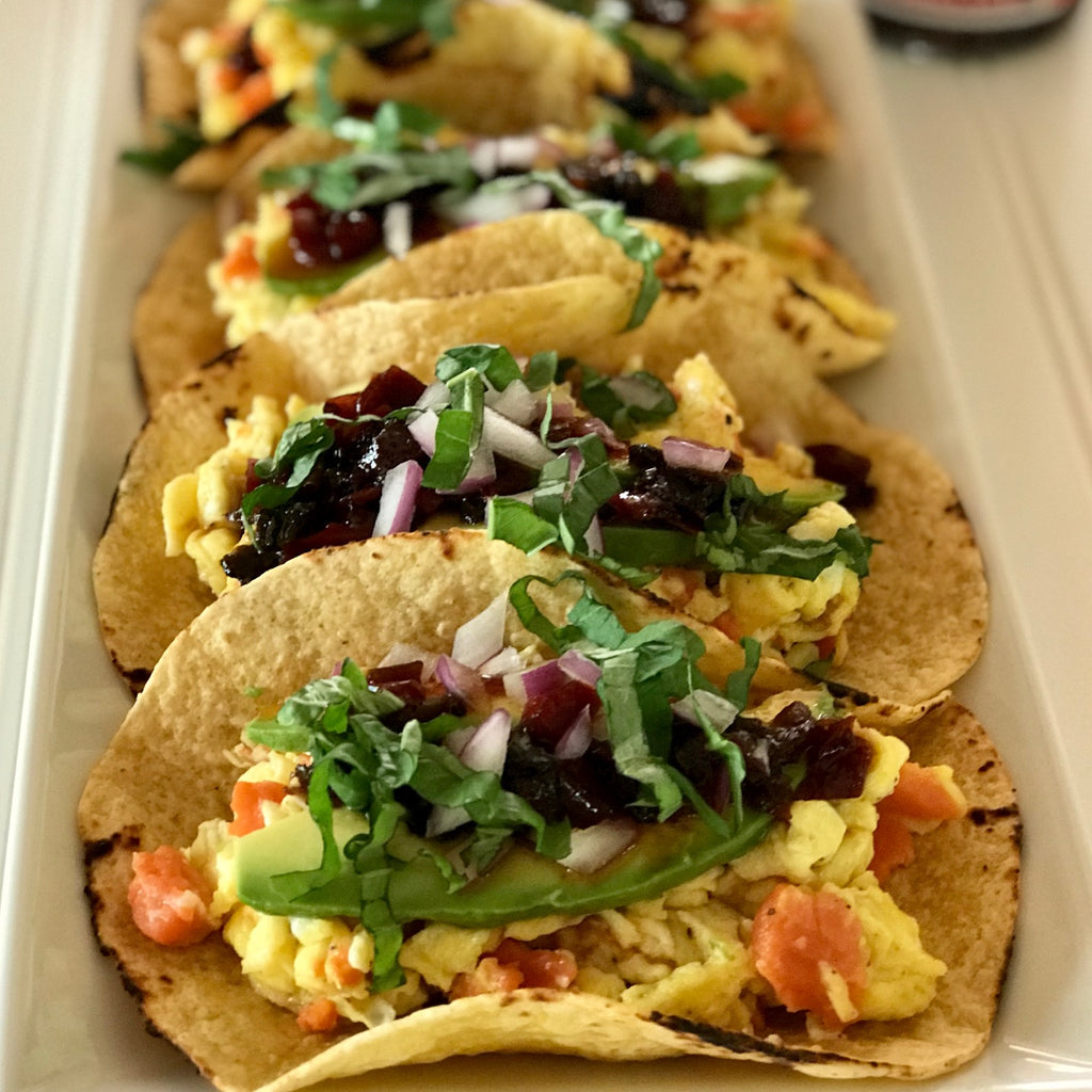 EGG & SMOKED SALMON TACOS with Red Bell Pepper Ancho Chili Jam