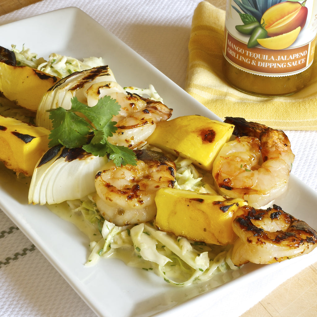 GRILLED SHRIMP & MANGO KABOBS with Mango Tequila Jalapeño Grilling & Dipping Sauce