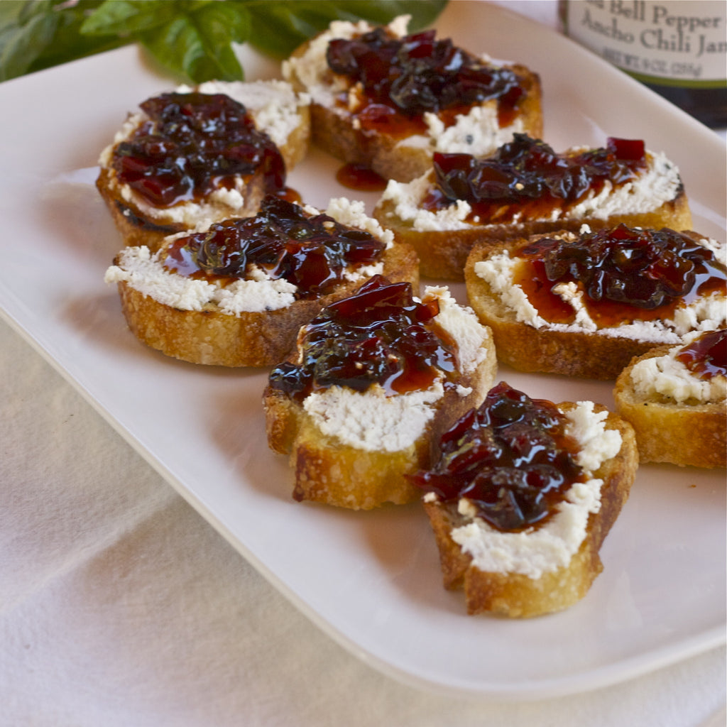 GOAT CHEESE & PEPPER JAM CROSTINI with Red Bell Pepper Ancho Chili Jam
