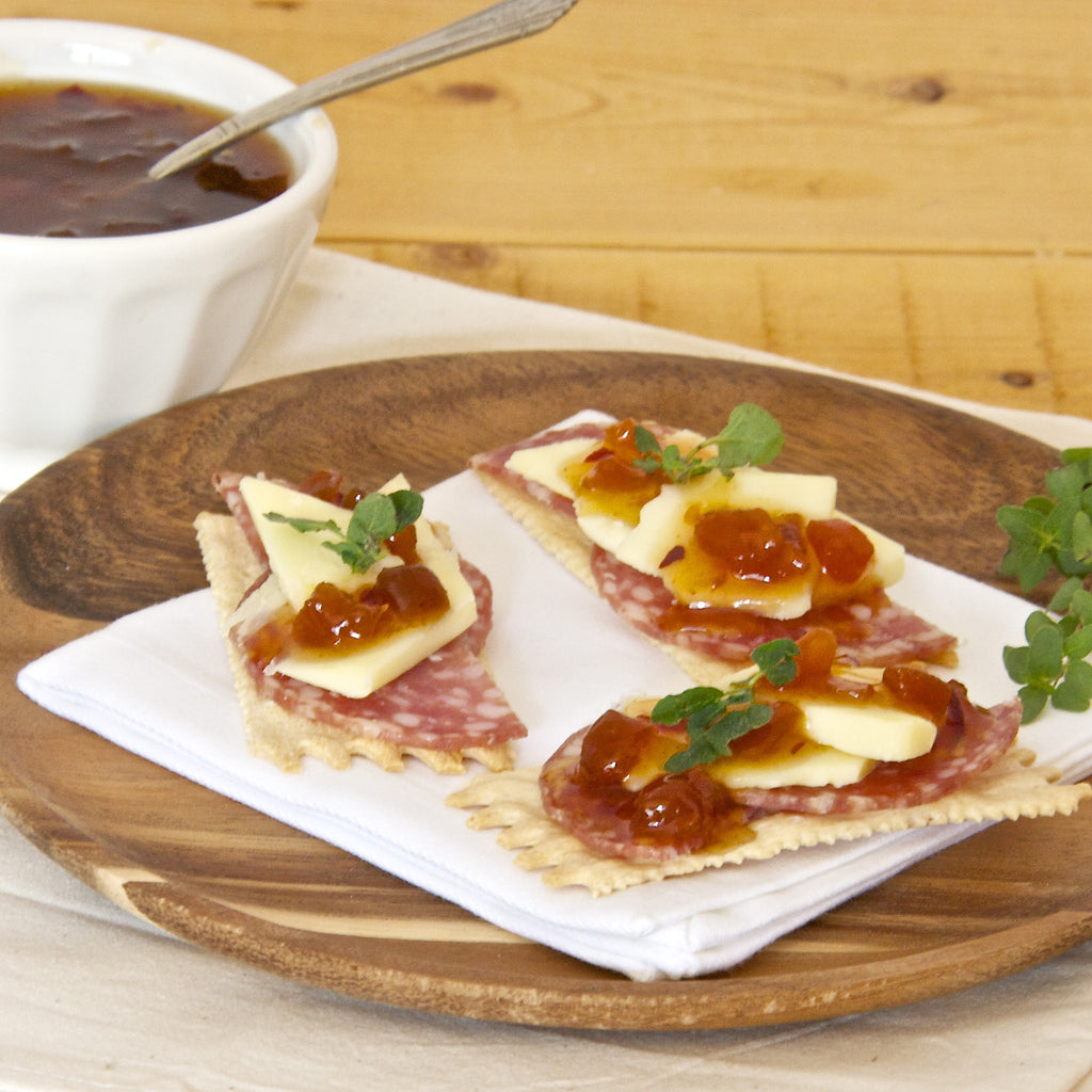 WHITE CHEDDAR, SALAMI & CRACKERS (Apricot Chili Jam)