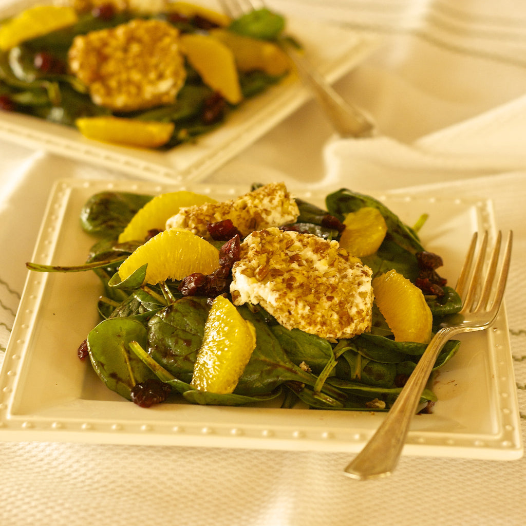 SPINACH SALAD WITH WARM GOAT CHEESE PATTIES (Blood Orange Balsamic Finishing Sauce)