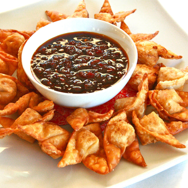 GOAT CHEESE STUFFED WON TONS with Red Bell Pepper Ancho Chili Jam - Earth Vine